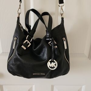 Michael Kors Black Leather Shoulder Bag with Silver Accents